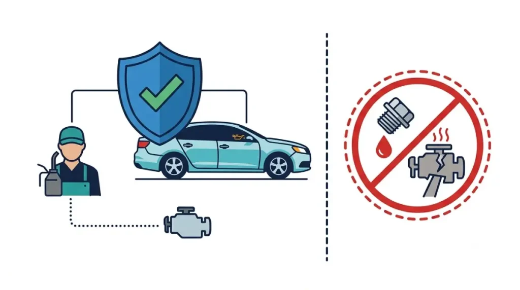 Engine warranty after an independent oil change, illustrating that factory coverage remains valid unless the service directly caused engine damage.