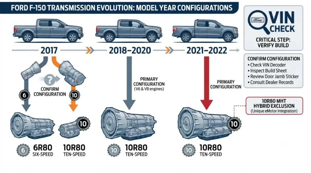 10-Speed F-150 transmission identification by model year showing 6R80 and 10R80 configurations