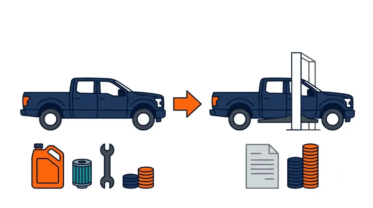 DIY F-150 oil change parts beside a higher-cost Ford dealer oil-change invoice.
