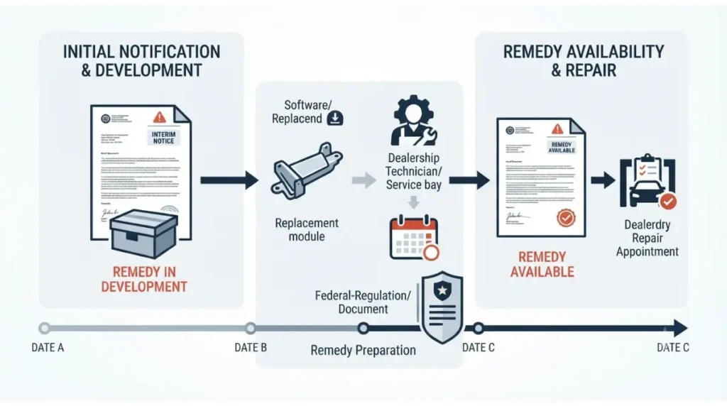 Remedy process showing an interim F-150 recall notice followed by a final repair notice