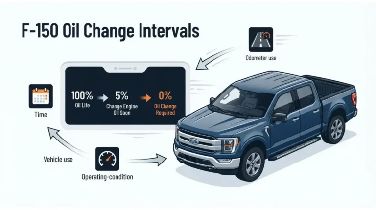 Oil Change Interval explained with an F-150 oil life monitor and maintenance indicators