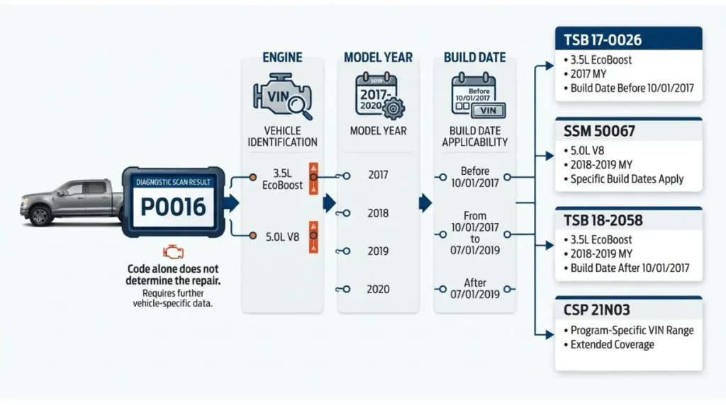 P0016 F-150 Ford bulletin matching by engine year and build date
