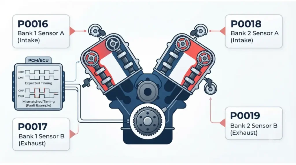 P0016 F-150 camshaft correlation codes P0017 P0018 P0019 explained