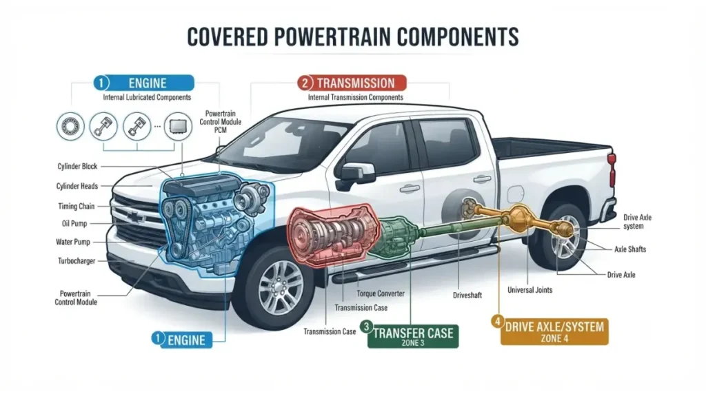 Powertrain coverage map showing F-150 engine transmission transfer case driveshaft and axle components