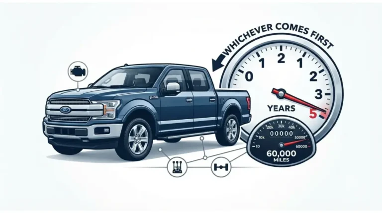 Powertrain warranty guide showing an F-150 with 5-year and 60,000-mile coverage limits