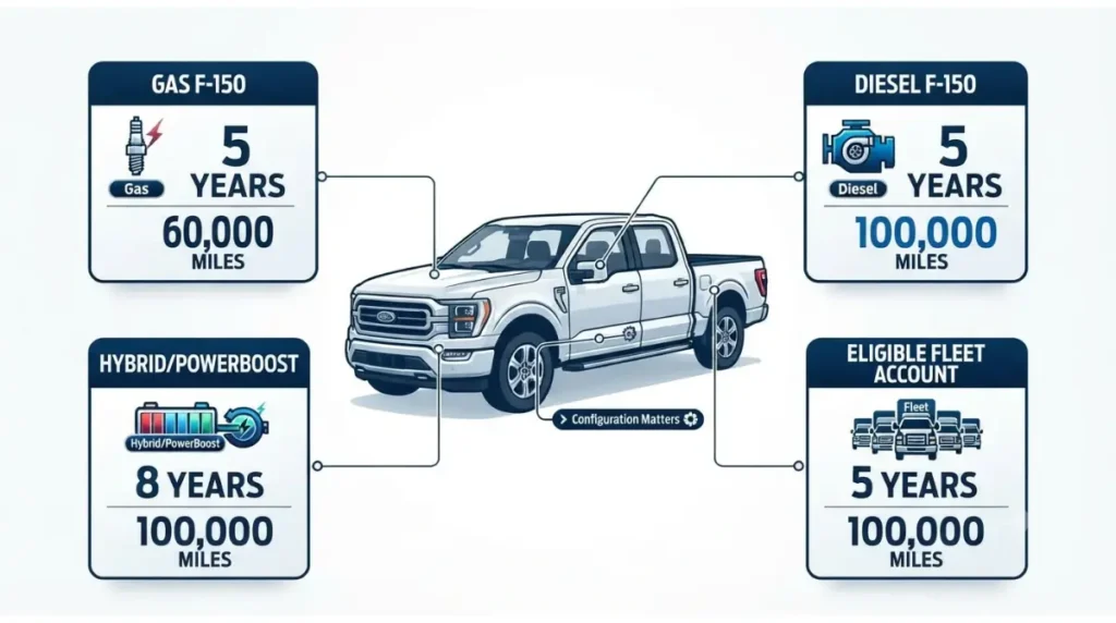 Powertrain warranty comparison for F-150 gas diesel hybrid and eligible fleet configurations