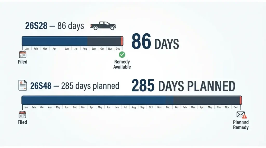 Remedy timeline comparison for F-150 recalls 26S28 and 26S48