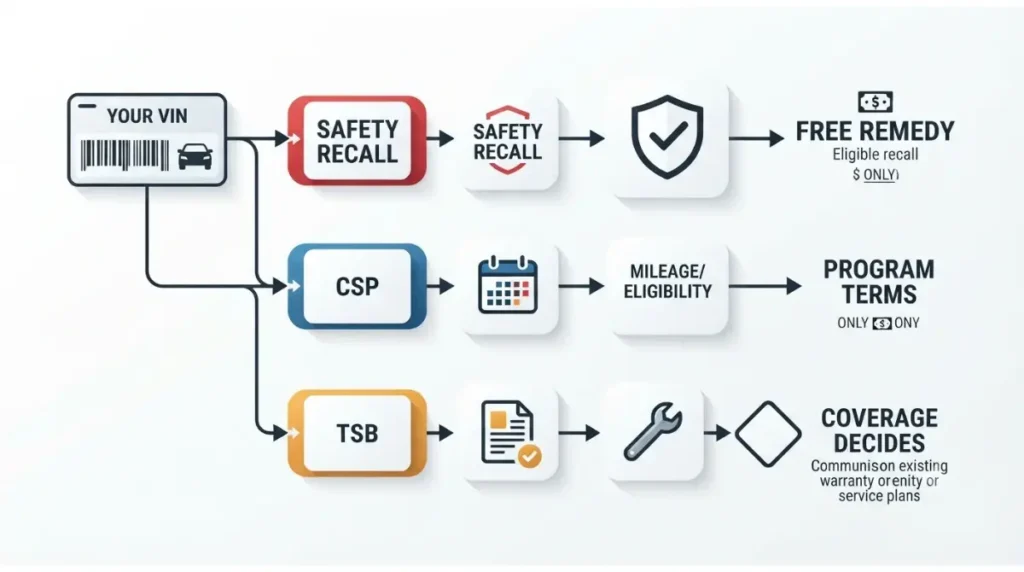 F-150 VIN coverage flow showing who pays for Recall, CSP and TSB repairs