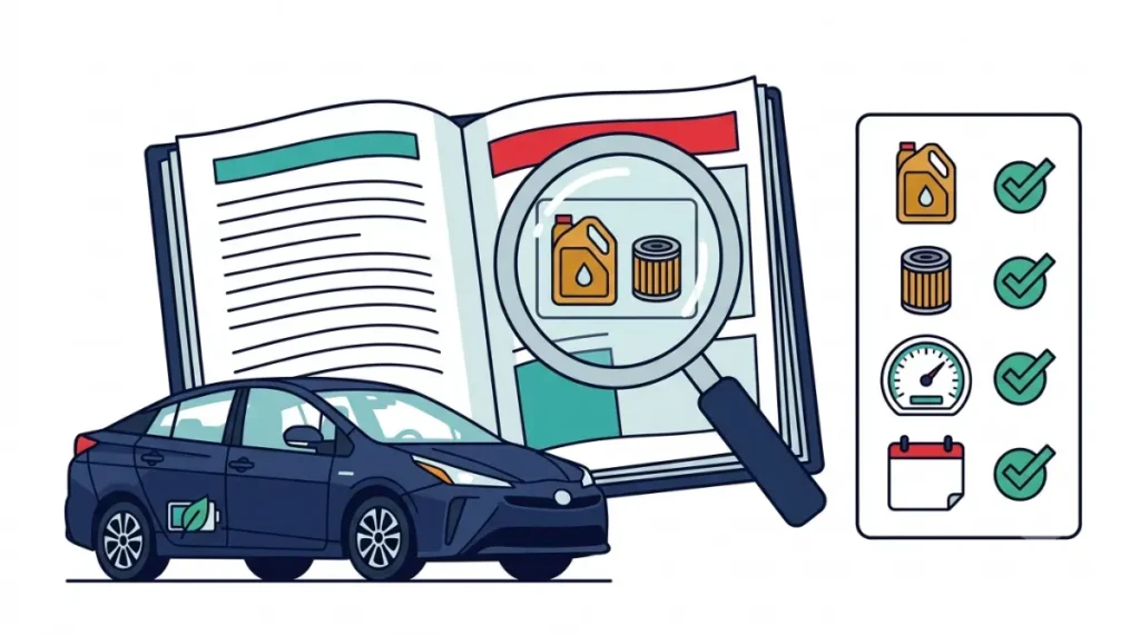 Hybrid Oil change schedule being checked in an owner’s manual with a magnifying glass, oil can, filter, odometer, and calendar icons.