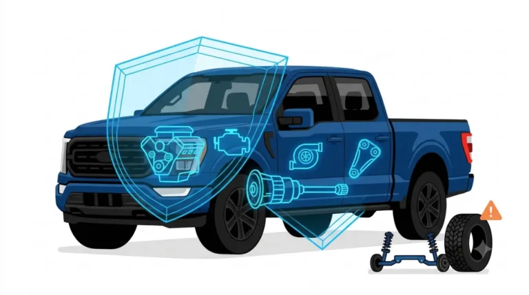 Ford F-150 with Ford Protect PremiumCARE coverage around its engine and transmission while modified suspension remains outside the shield.