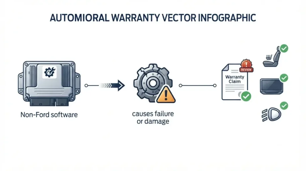 Ford F-150 non-Ford software warranty void illustration showing tune-related damage versus unrelated covered components