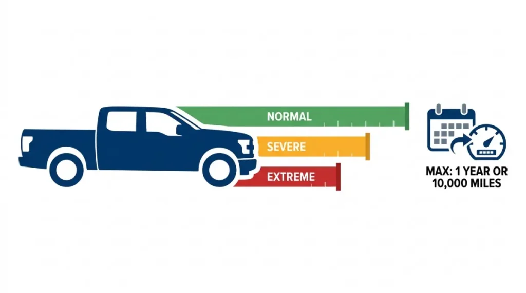 Ford F-150 Oil Change intervals for normal, severe, and extreme driving with one-year or 10,000-mile cap