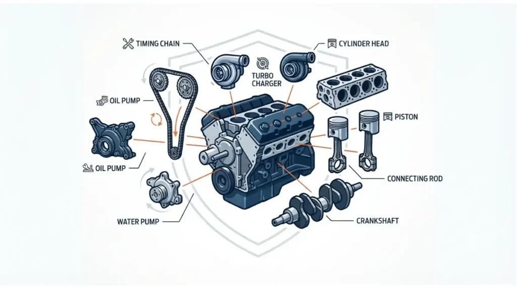 Ford Protect F-150 engine components coverage illustration showing oil pump, water pump, timing chain, and turbocharger