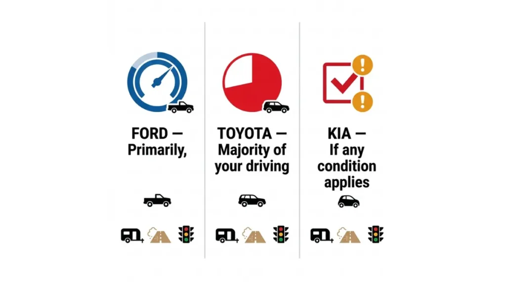 Vector comparison of Ford, Toyota and Kia Severe Service thresholds for oil changes based on driving conditions
