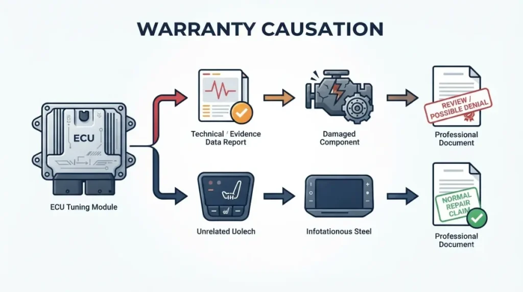FTC F-150 warranty causation illustration showing why an aftermarket tune alone does not void coverage
