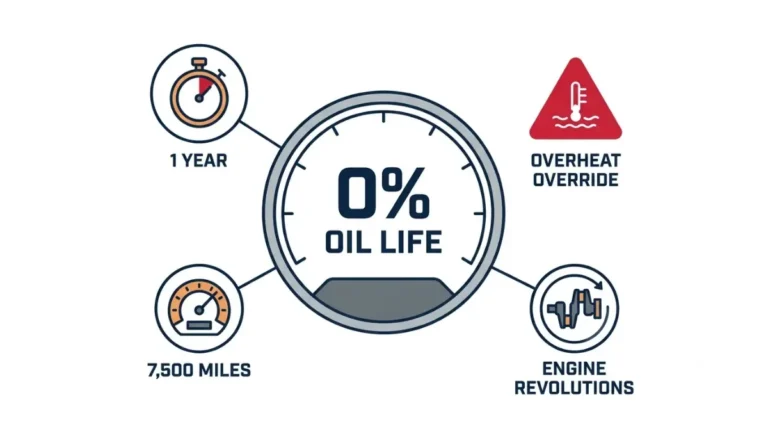 GM oil life monitor at 0 percent showing oil change limits: one year, 7,500 miles, engine revolutions, and overheat override