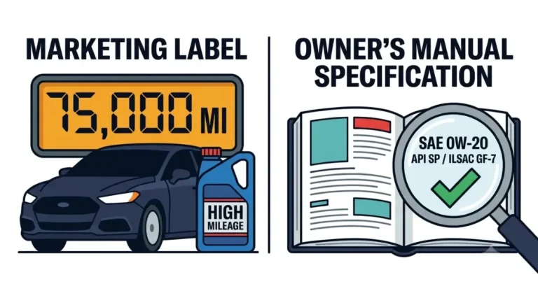 High mileage oil 75,000 mile label compared with owner’s manual oil specification for vehicle maintenance