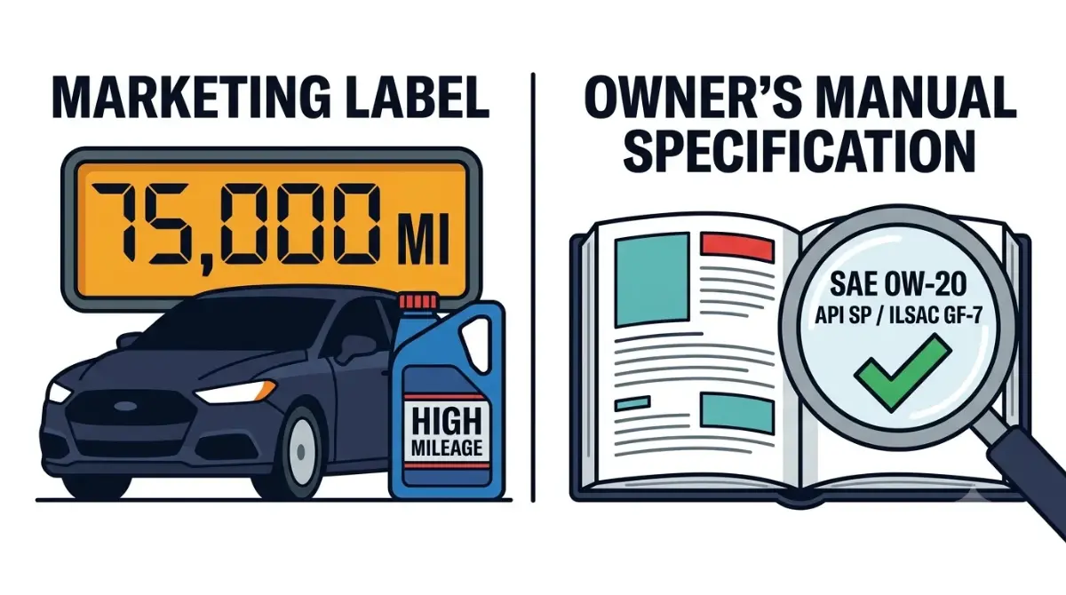 High mileage oil 75,000 mile label compared with owner’s manual oil specification for vehicle maintenance