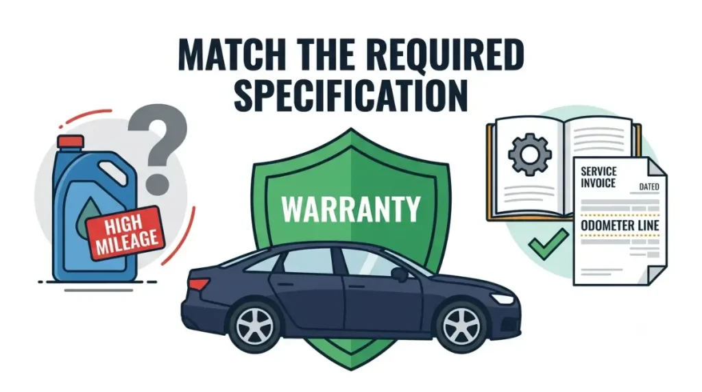 High mileage oil mile label and vehicle warranty with owner’s manual oil specification and service record