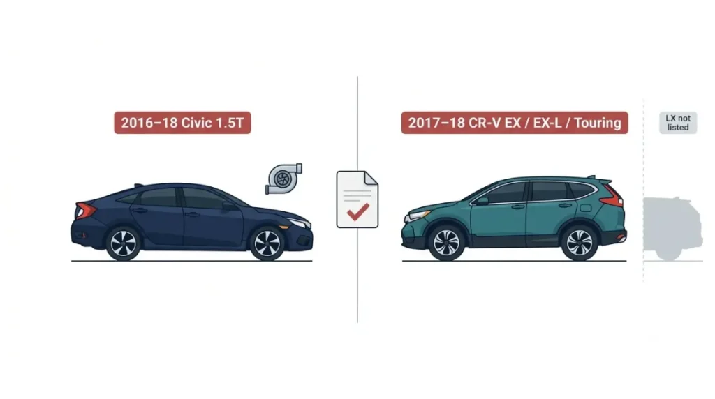 Eligible Honda Civic and CR-V models for Oil Dilution coverage, including 2016–18 Civic 1.5T and 2017–18 CR-V EX, EX-L and Touring