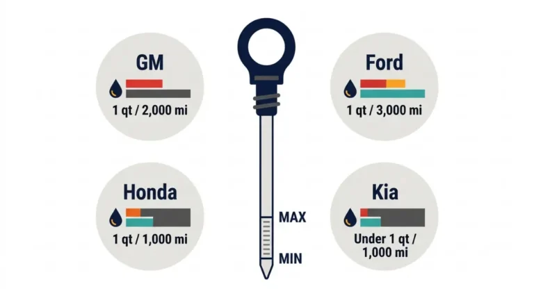 Burning oil limits compared for GM, Ford, Honda, and Kia using an engine oil dipstick and oil-drop icons.