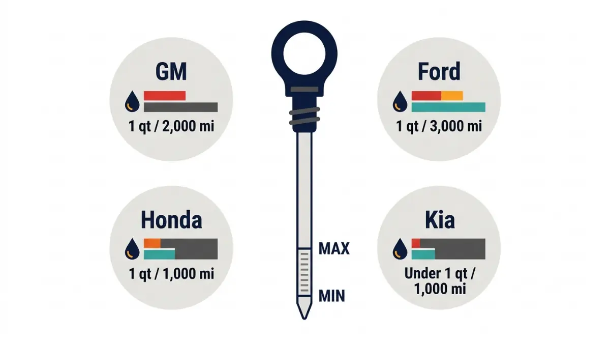 Burning oil limits compared for GM, Ford, Honda, and Kia using an engine oil dipstick and oil-drop icons.