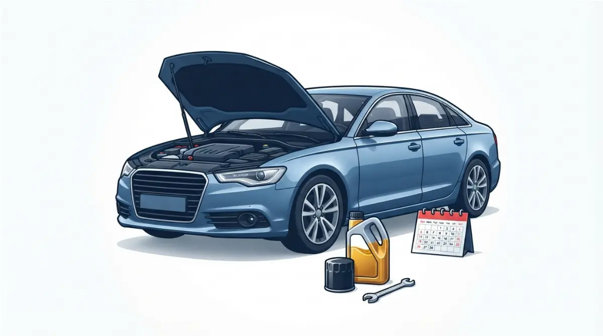 How Often to Change Oil, illustrated with a blue car, engine oil bottle, oil filter, wrench, and maintenance calendar.
