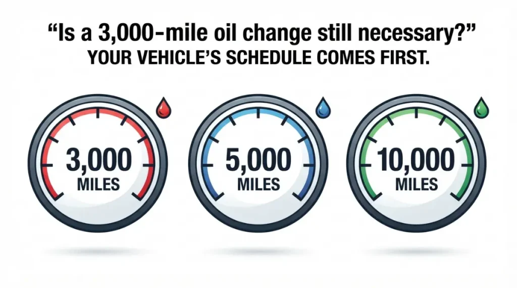 How Often to Change Oil, shown through a vector comparison of 3,000-, 5,000-, and 10,000-mile intervals.