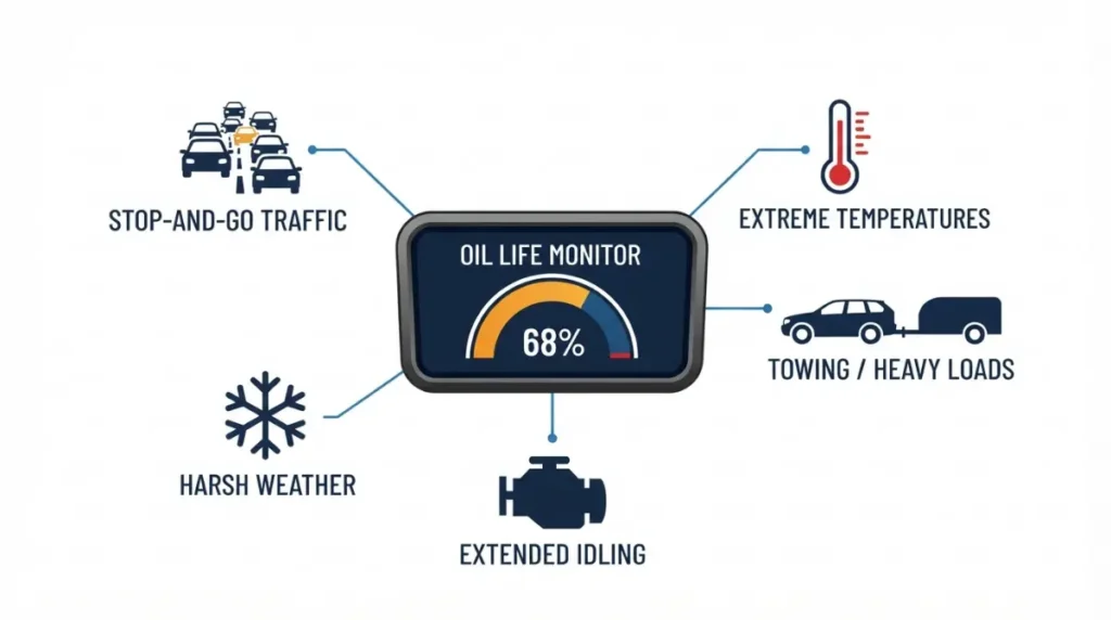 How Often to Change Oil, illustrated with an oil-life monitor and icons for traffic, extreme temperatures, towing, idling, and harsh weather.