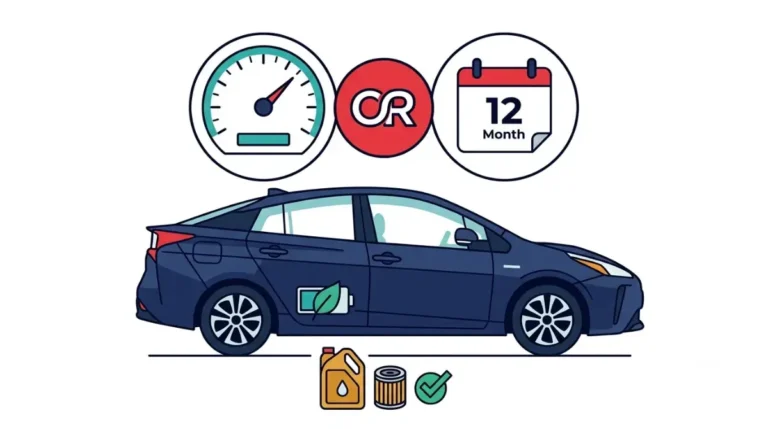 Hybrid Oil change interval shown with a hybrid car, mileage gauge, and 12-month calendar icons on a white background.