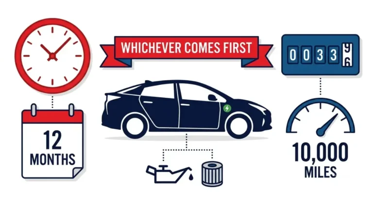 Hybrid oil change interval explained: change Hybrid engine oil at 12 months or 10,000 miles, whichever comes first.