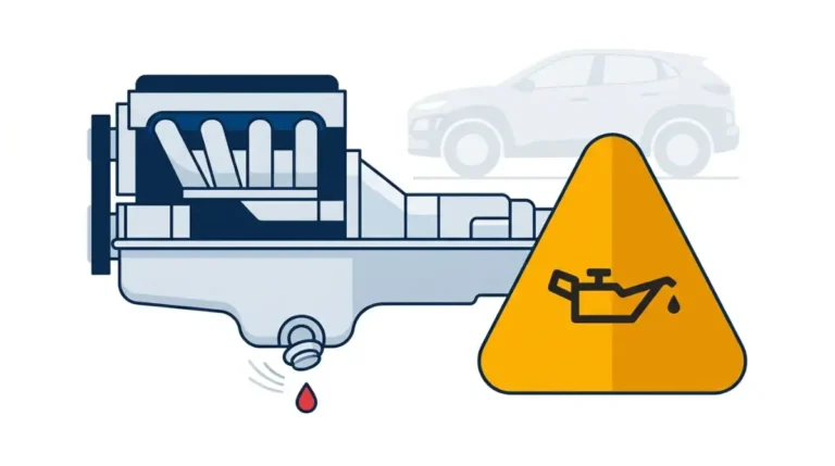 Hyundai Oil Change drain plug warning illustration showing a loose plug and oil leak risk under TSB 23-EM-005H.