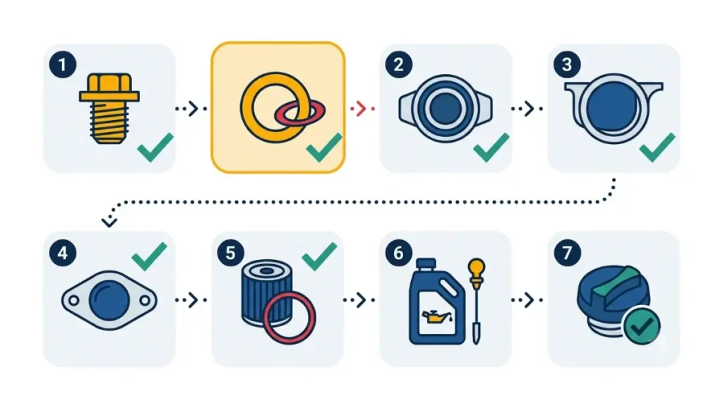 Hyundai Oil Change seven-point checklist illustration showing drain plug, new washer, filter gasket, oil, and filler cap checks.