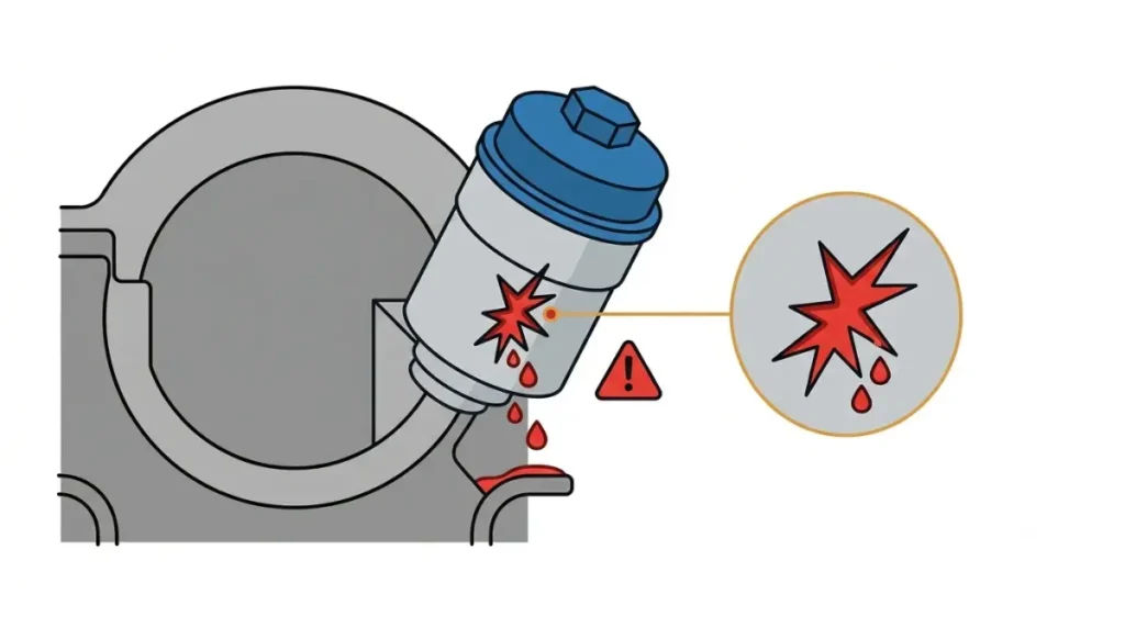 Vector illustration of a cracked oil filter housing covered by Jaguar and Land Rover Recalls