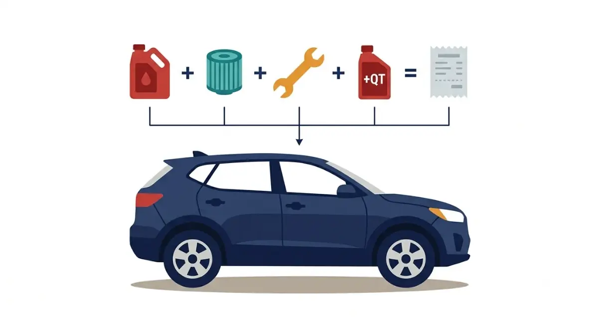 Oil Change Cost breakdown vector illustration showing oil, filter, labor, extra quarts, and fees added to a car.