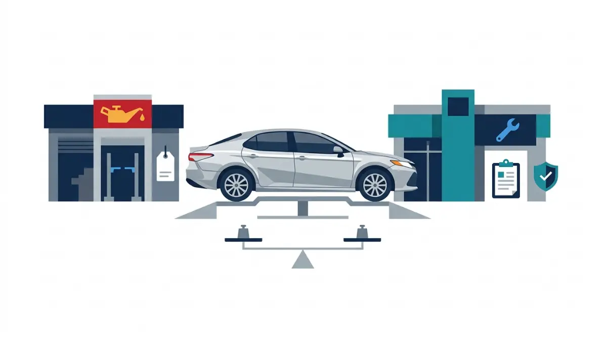 Vector illustration comparing a quick-lube oil change and Dealer service for warranty coverage and total visit cost.