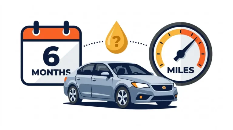Oil Change Every 6 Months: vector illustration comparing a six-month calendar reminder and a car odometer to show whether service is due by time or mileage.