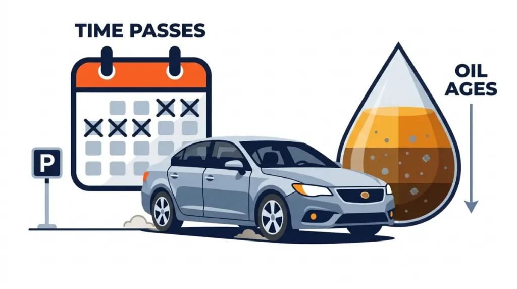 Oil Change Every 6 Months: vector illustration of a parked car with a calendar and aging engine oil, showing that oil can degrade over time even with low mileage.