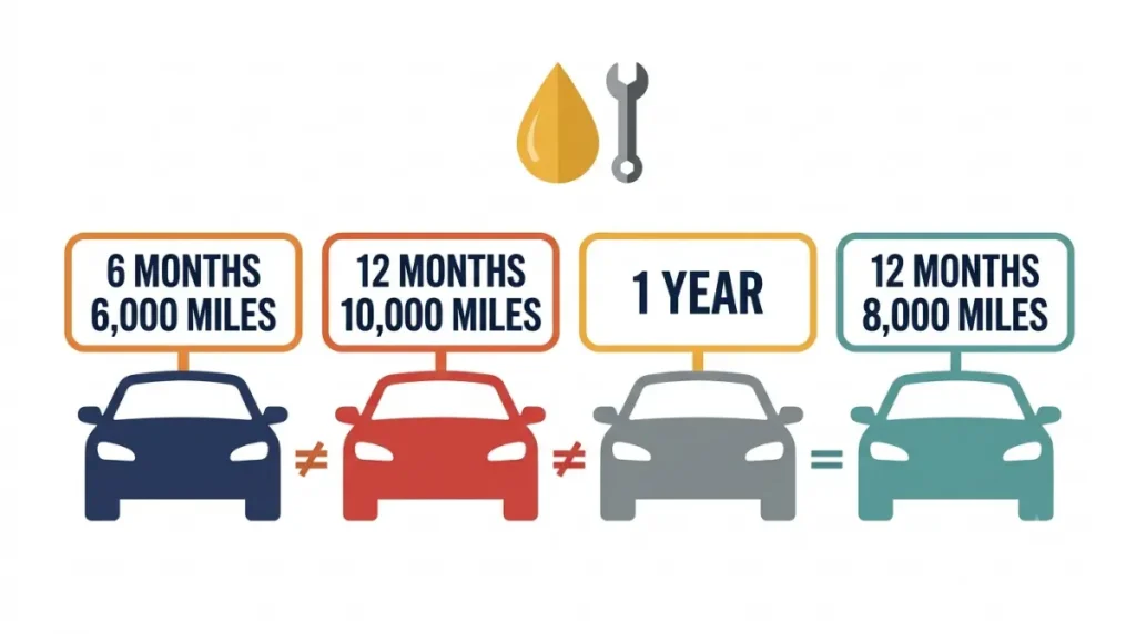 Oil Change Every 6 Months: vector comparison of different car manufacturer oil change intervals based on months and miles.