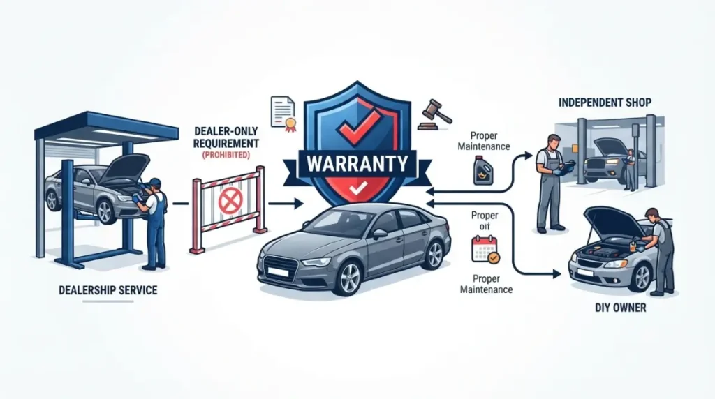Oil Change federal warranty rule showing dealer-only maintenance restriction and alternative service paths