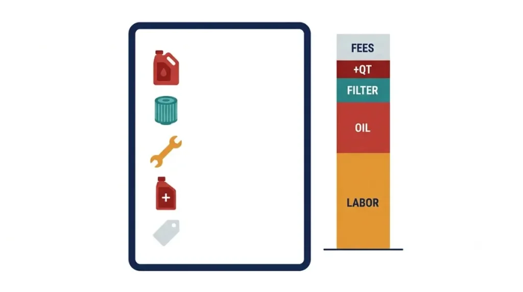 Oil Change Cost invoice vector infographic showing labor as the largest expense alongside oil, filter, extra quarts, and fees.