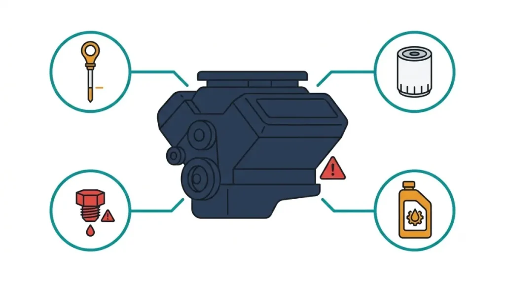 Four possible Oil Pressure light causes after an oil change: oil level, oil filter, drain plug, and oil grade.