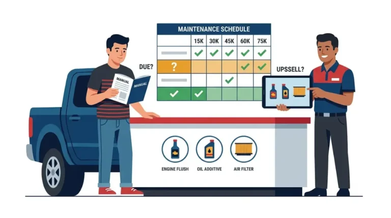 Car owner compares an Oil Change upsell list with the vehicle maintenance schedule to see which service is due.