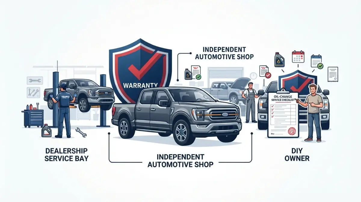 Oil Change warranty coverage showing dealer, independent shop, and DIY maintenance options