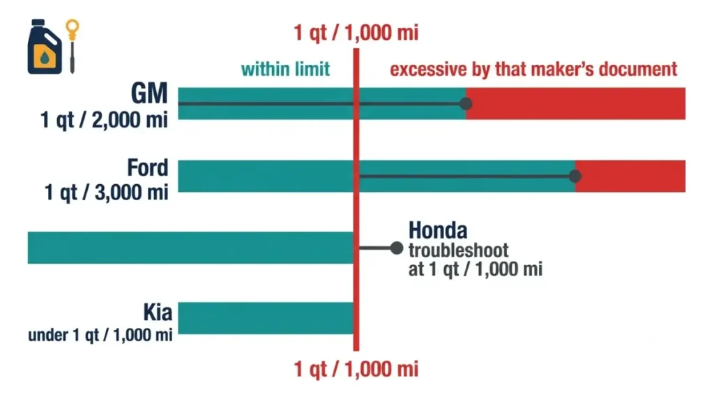 Burning oil thresholds for GM, Ford, Honda, and Kia compared against a 1 quart per 1,000 mile reference line.