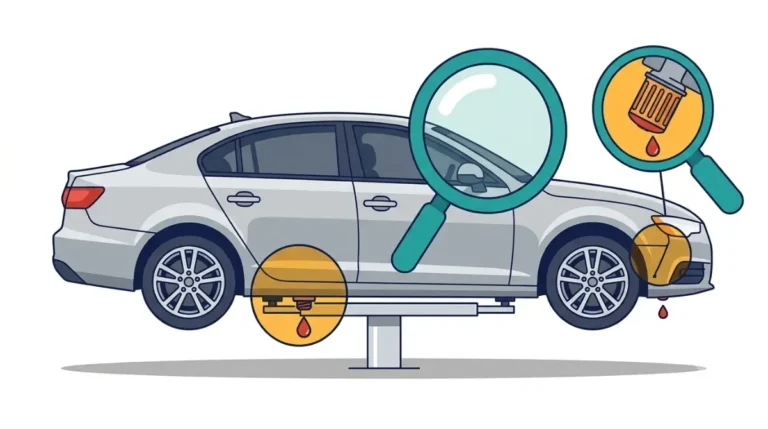 Oil Leak after an oil change: vector illustration showing a car with oil dripping from the drain plug and oil filter.