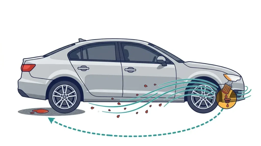 Oil Leak source versus driveway spot: diagram showing oil leaking near the filter and traveling under a car to a puddle farther back.