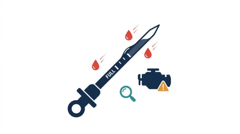 Oil Level rising on an engine dipstick with a gas smell, shown in a vector illustration with a fuel-drop warning symbol.