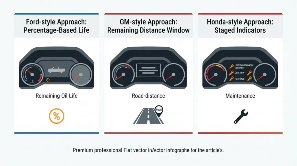 Oil Life alert comparison illustrating different engine oil maintenance warning systems for Ford, GM, and Honda vehicles.
