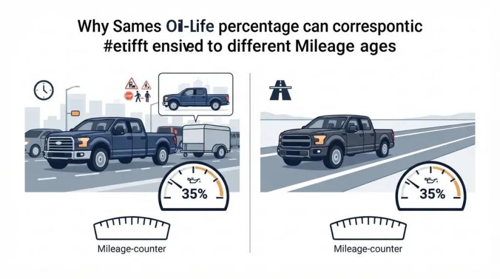 Oil Life percentage comparison showing how city idling, towing, and highway driving can produce different oil service intervals.